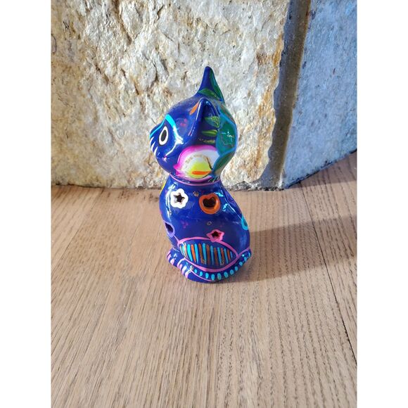 Mexican Pottery Blue Cat Figure Folk Art Hand Painted EUC - Picture 3 of 8